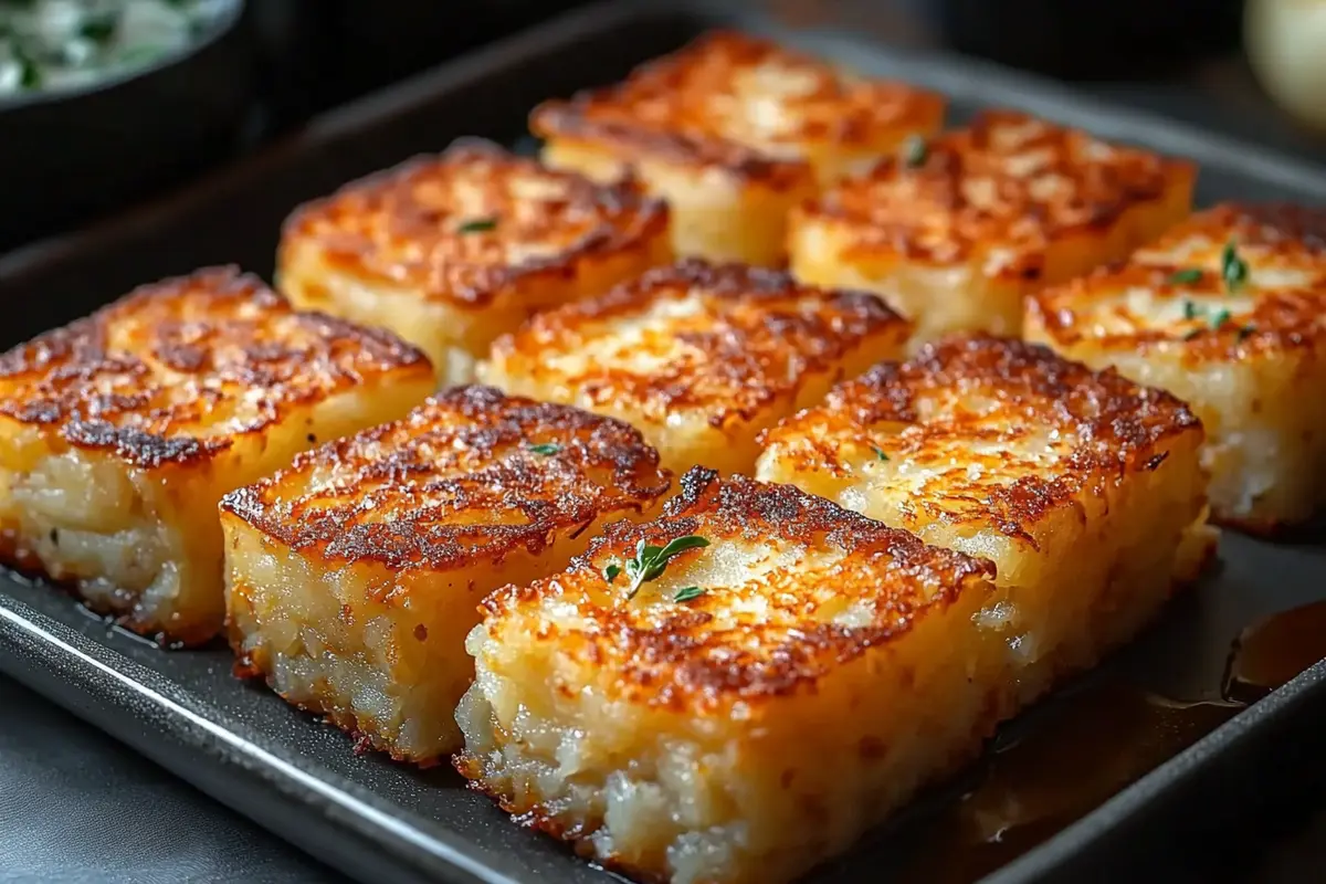 golden homemade hash browns stacked on a plate