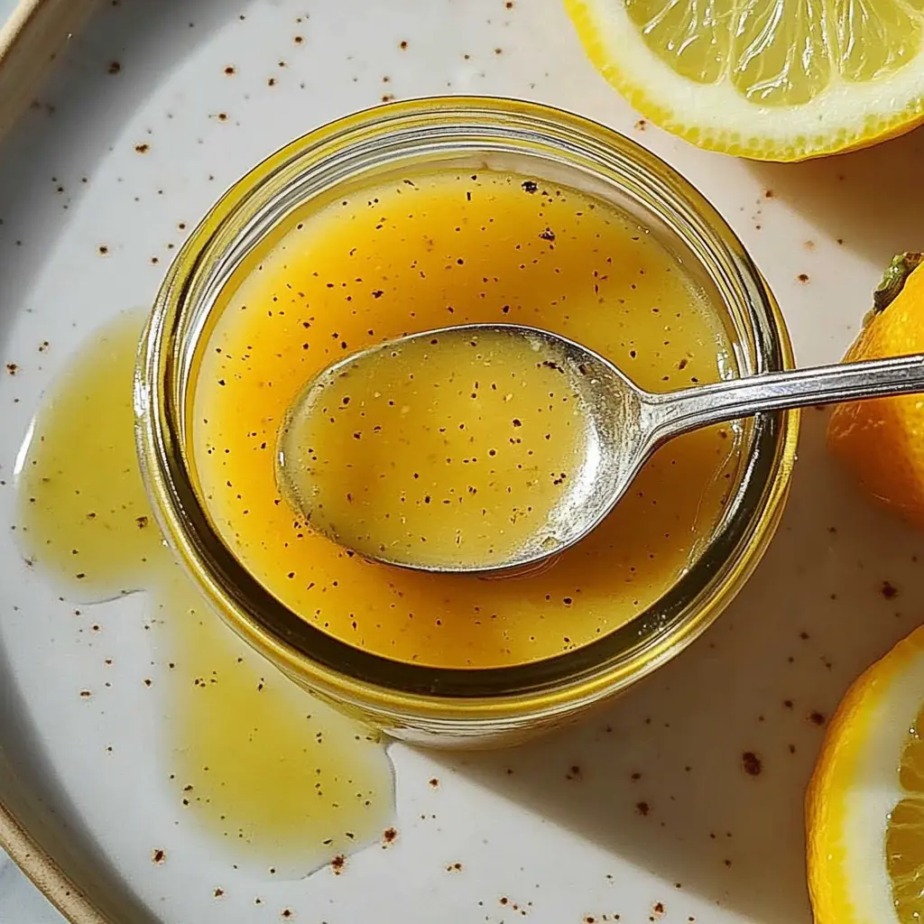 Bowl of ultimate homemade lemon vinaigrette with fresh lemon halves and olive oil