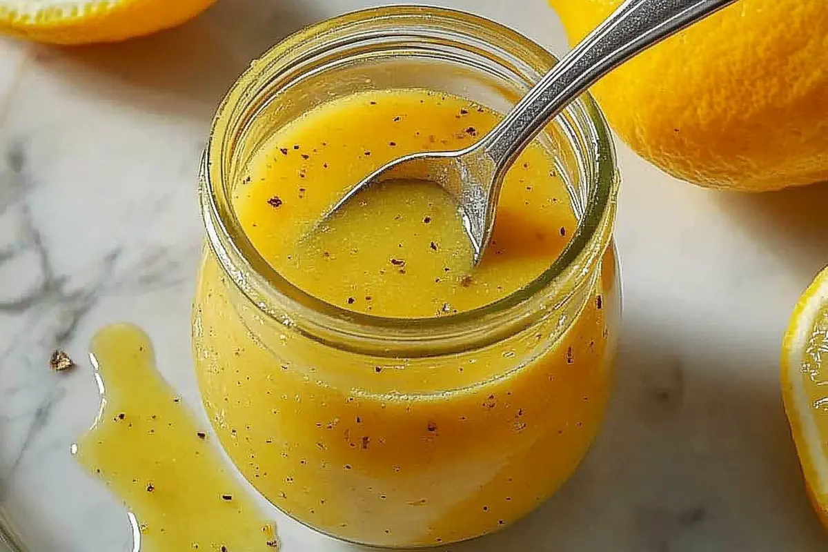 Bowl of ultimate homemade lemon vinaigrette with fresh lemon halves and olive oil
