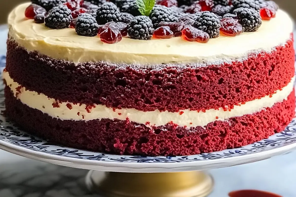 A slice of Juneteenth Red Velvet Cake decorated with red, black, and green frosting