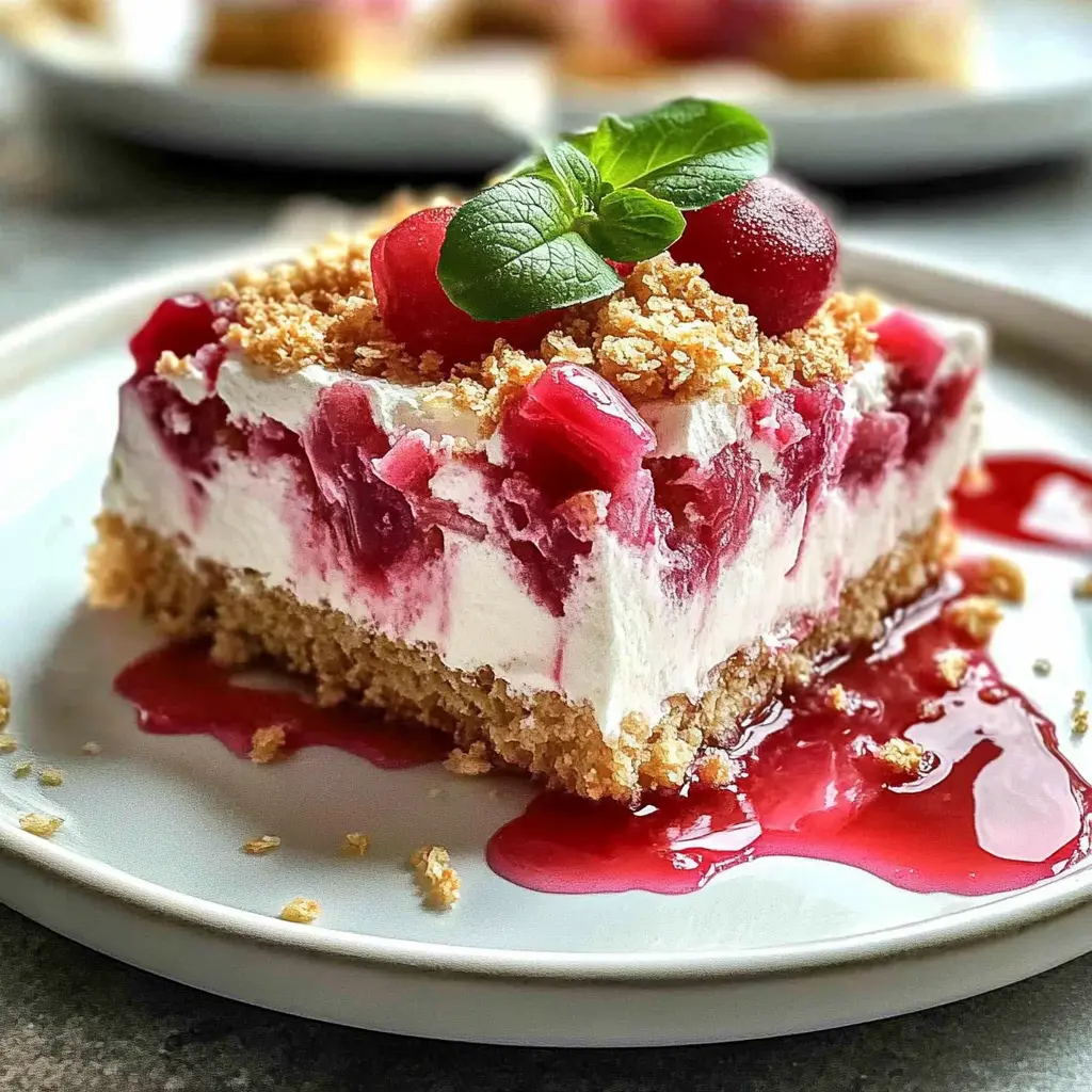 Slice of Layered Rhubarb Cream Dessert showing pink rhubarb filling and creamy vanilla layer
