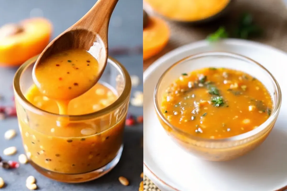 Jar of homemade mango habanero honey garlic sauce with fresh ingredients beside it