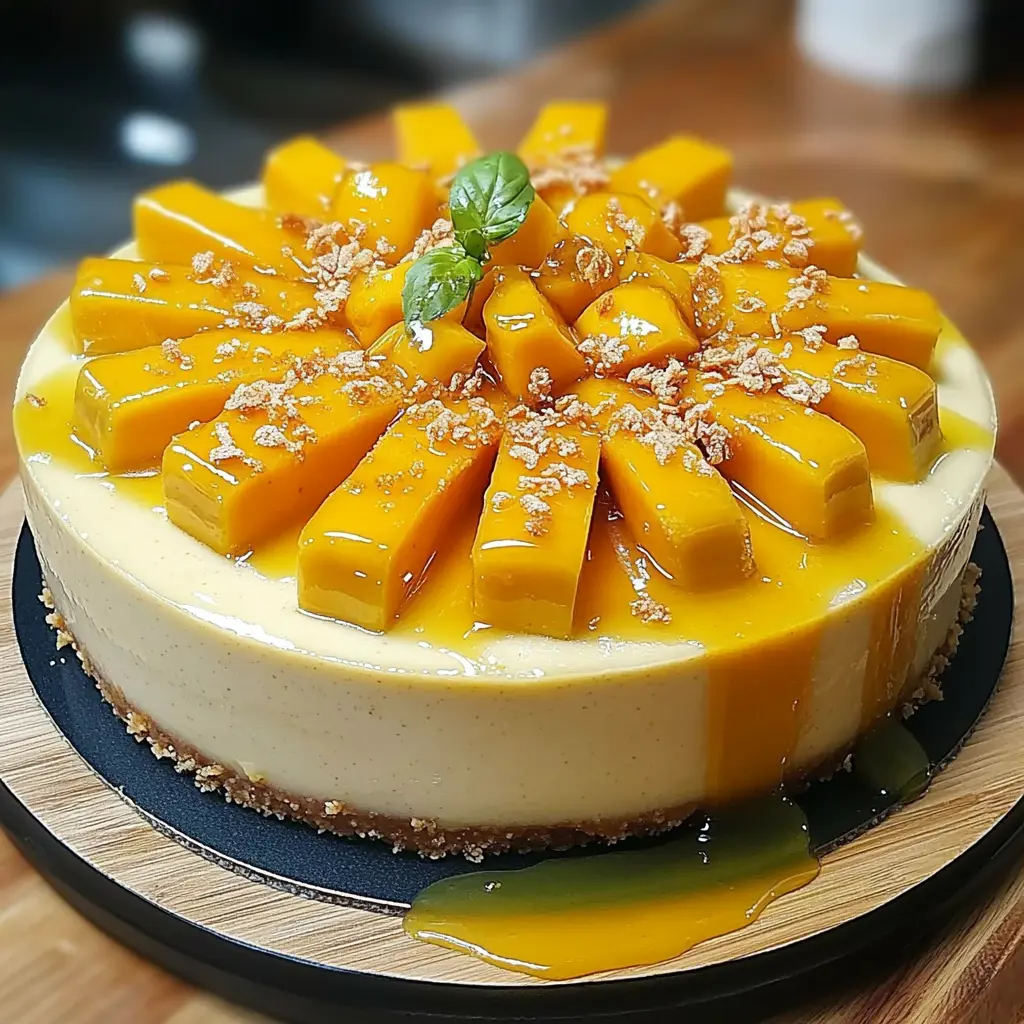 Slice of No-Bake Mango Cheesecake topped with fresh mango cubes