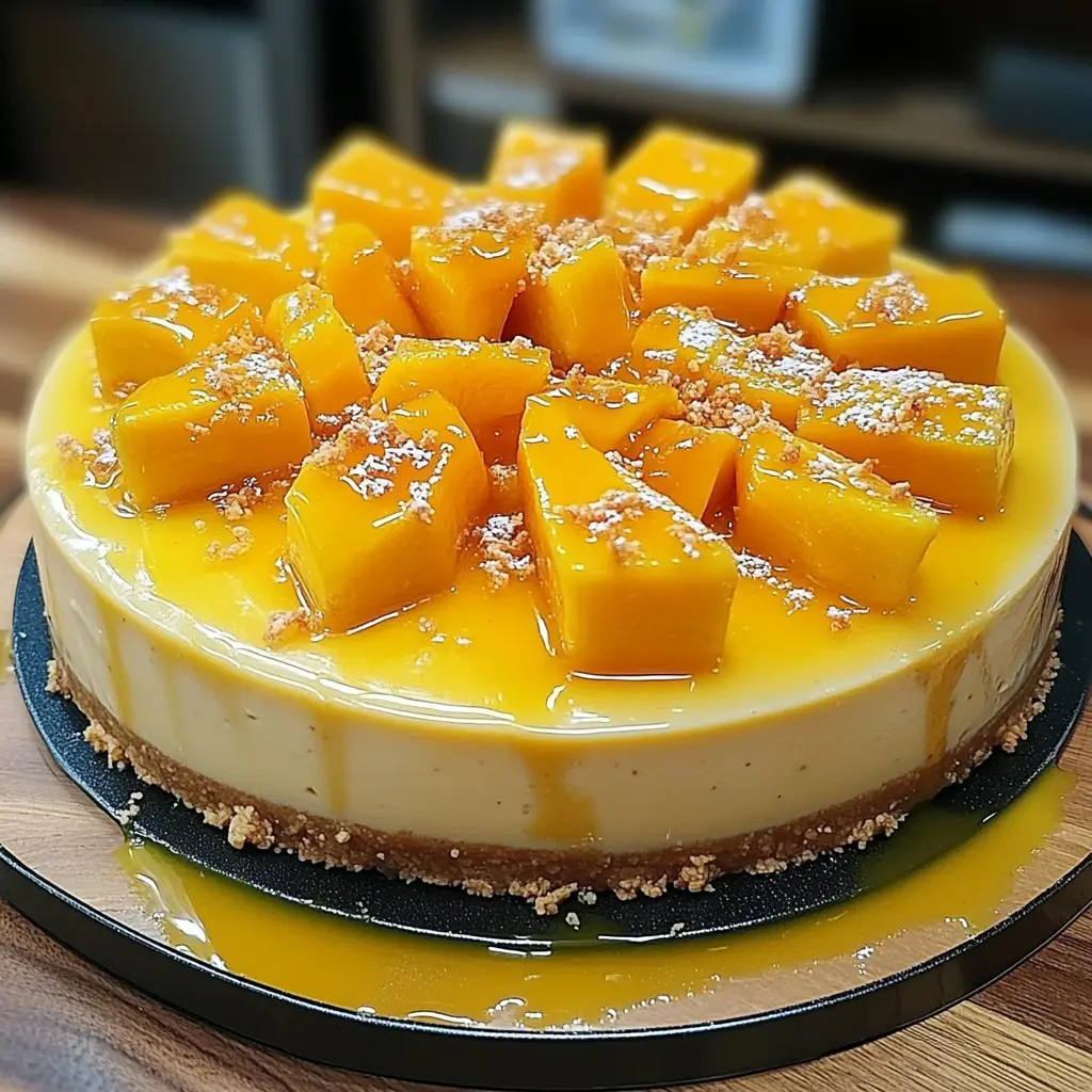 Slice of No-Bake Mango Cheesecake topped with fresh mango cubes
