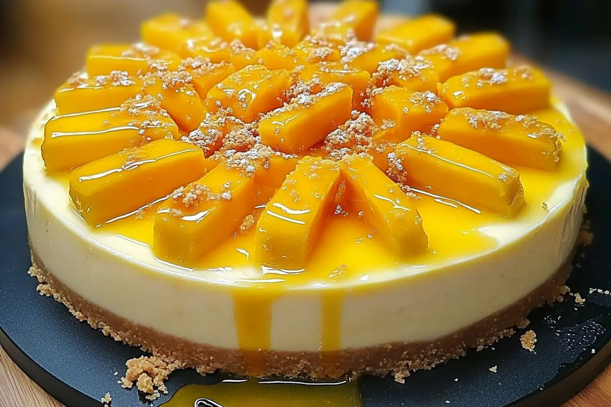 Slice of No-Bake Mango Cheesecake topped with fresh mango cubes