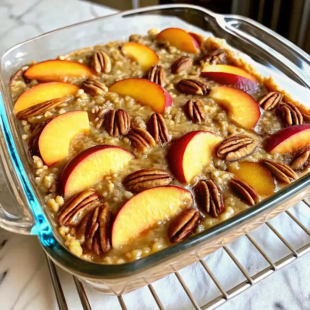 Golden-brown Peach Pecan Baked Oatmeal topped with fresh peach slices and toasted pecans
