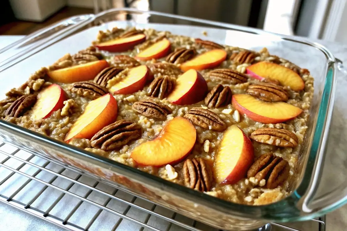 Golden-brown Peach Pecan Baked Oatmeal topped with fresh peach slices and toasted pecans
