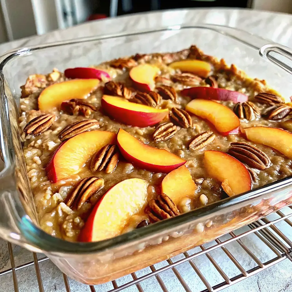Golden-brown Peach Pecan Baked Oatmeal topped with fresh peach slices and toasted pecans