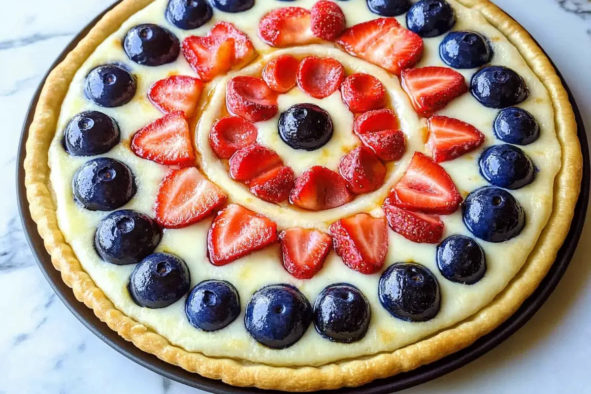 Red White and Blue Fruit Pizza topped with strawberries and blueberries