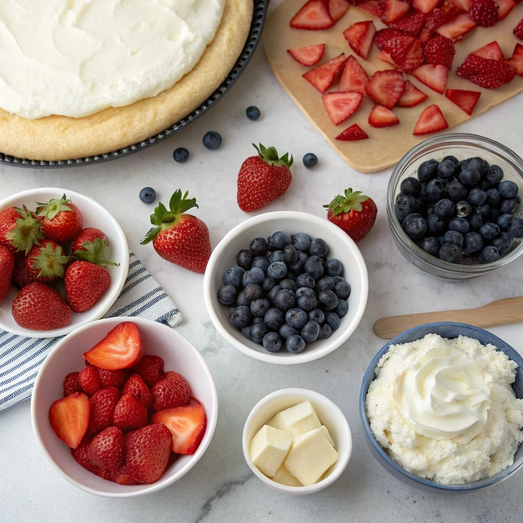 Red White and Blue Fruit Pizza topped with strawberries and blueberries