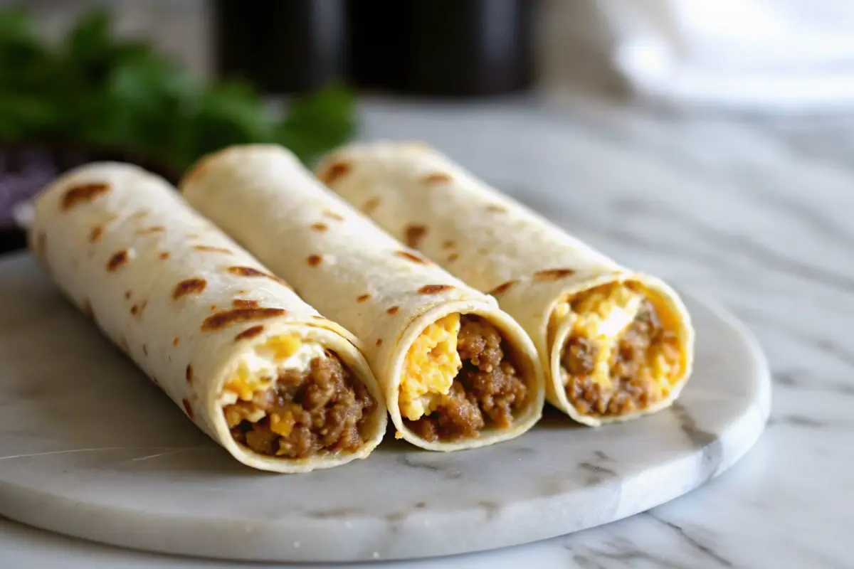 Golden sausage, egg, and cheese breakfast roll-ups on a baking tray