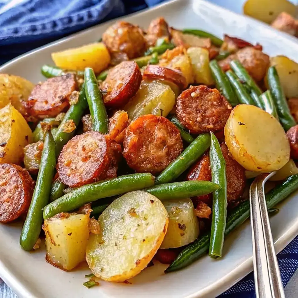 Sausage Green Bean Potato Casserole in a golden-baked dish