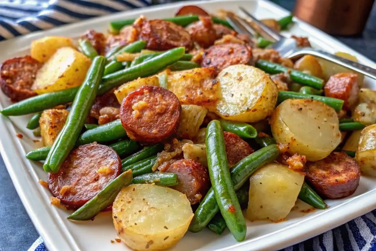 Sausage Green Bean Potato Casserole in a golden-baked dish