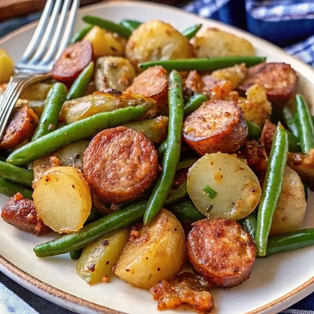 Sausage Green Bean Potato Casserole in a golden-baked dish