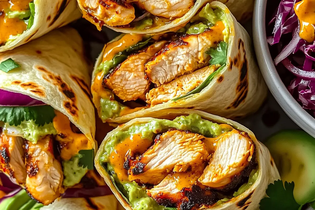 Southwest chicken wraps with vibrant corn-pepper salsa and avocado lime crema