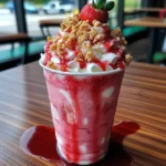 Strawberry White Cream Frappuccino topped with whipped cream and fresh strawberry slice