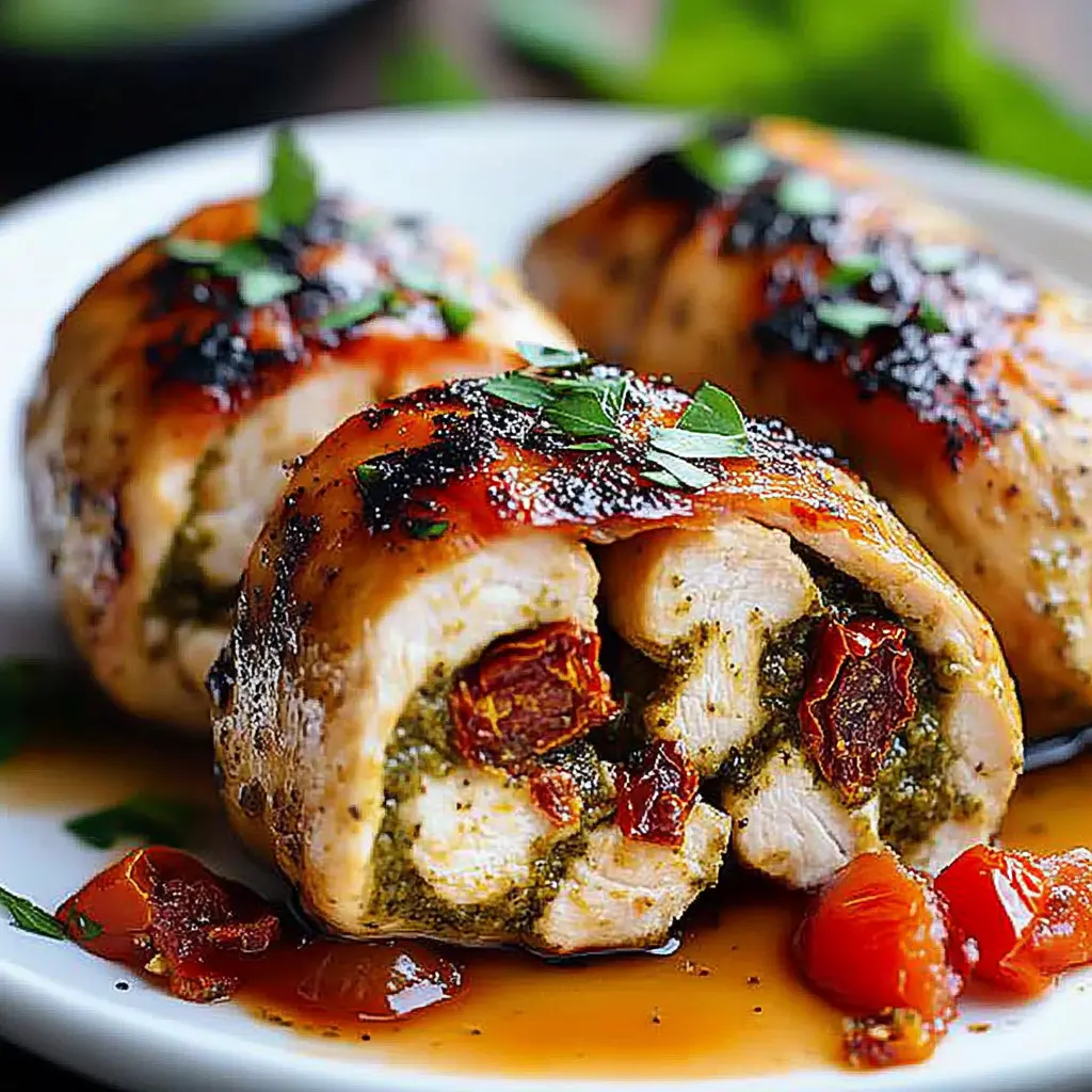 Sundried Tomato Pesto Chicken RollsSliced chicken rolls with pesto and sun-dried tomatoes on a white plate