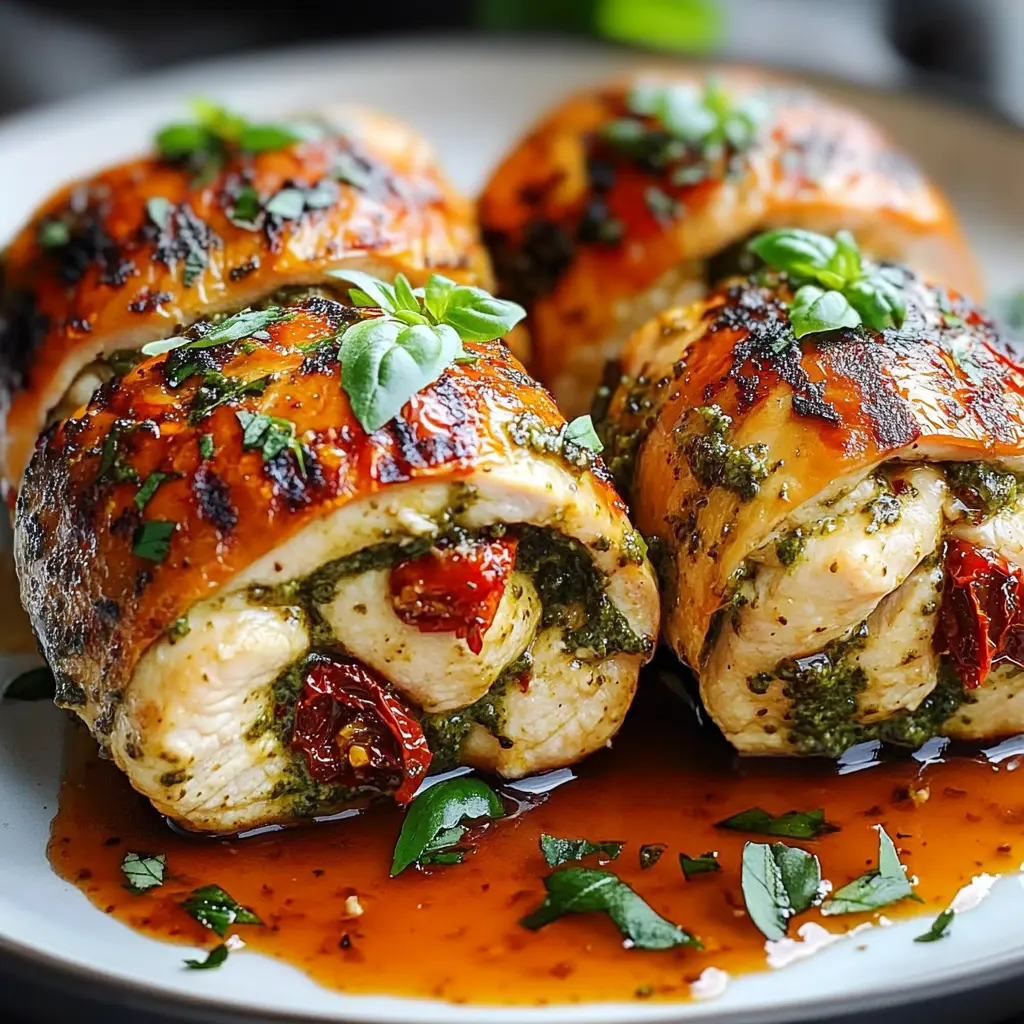 Sundried Tomato Pesto Chicken RollsSliced chicken rolls with pesto and sun-dried tomatoes on a white plate