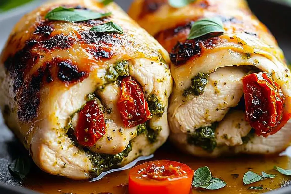 Sliced chicken rolls with pesto and sun-dried tomatoes on a white plate Sundried Tomato Pesto Chicken Rolls