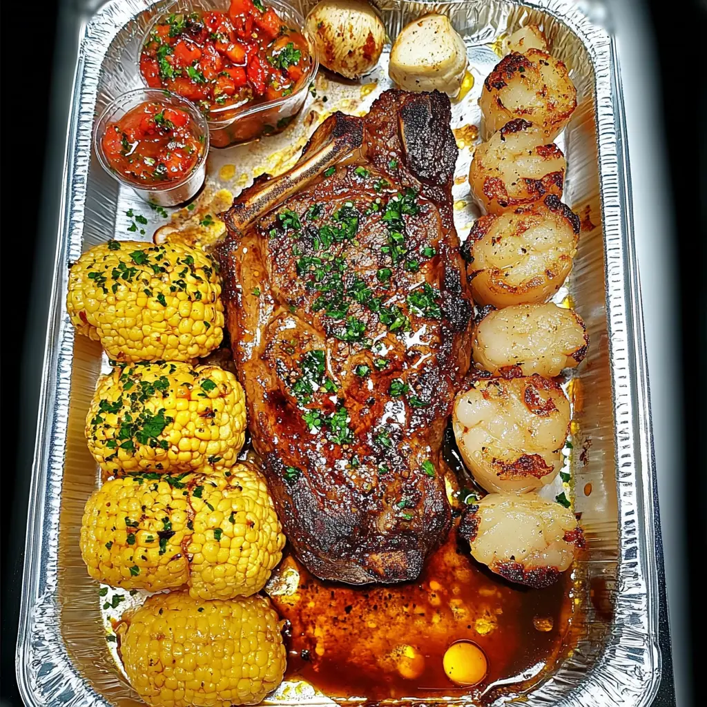 Surf and Turf with Bone-In Tomahawk Steak plated alongside a garlic-buttered lobster tail
