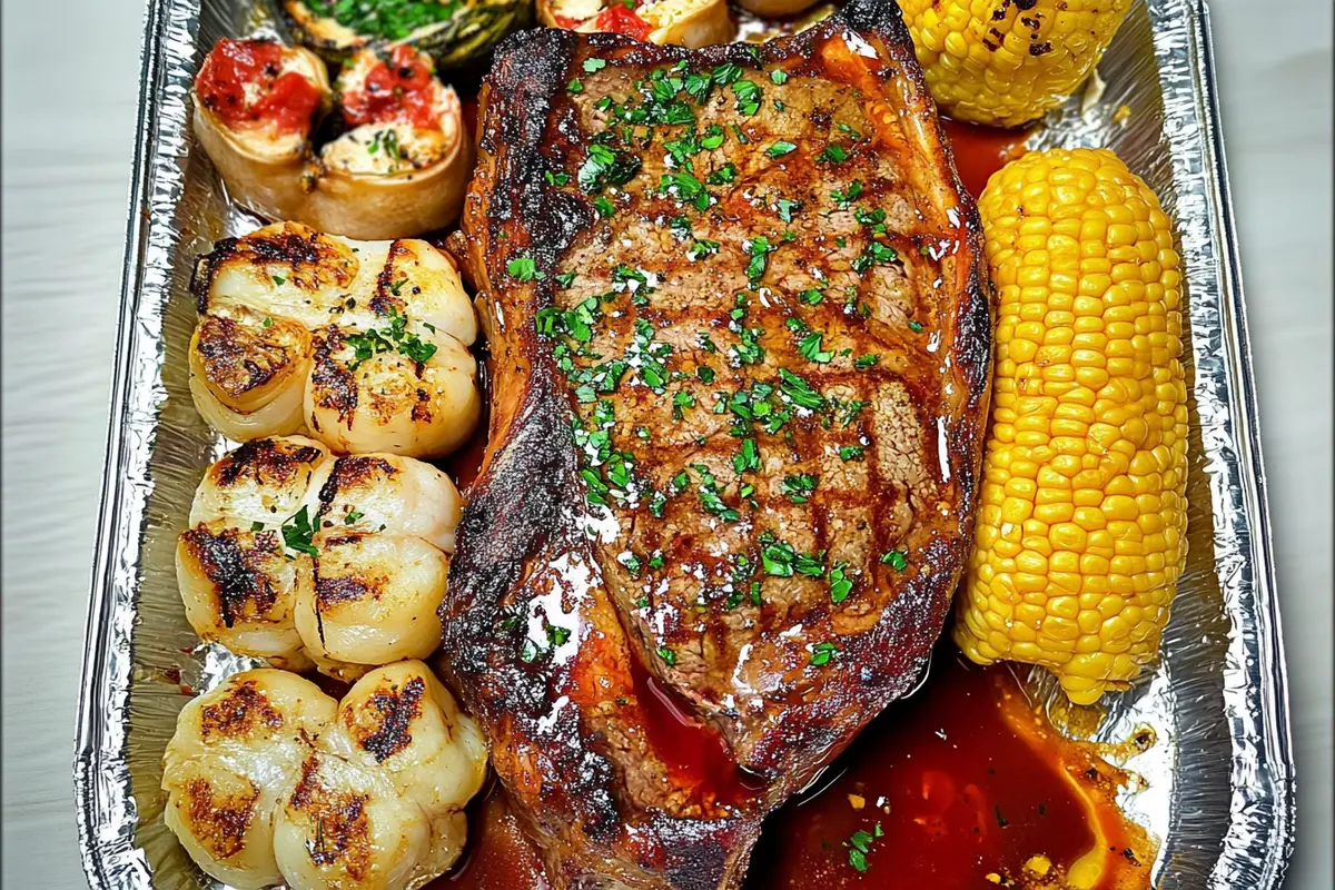 Surf and Turf with Bone-In Tomahawk Steak plated alongside a garlic-buttered lobster tail