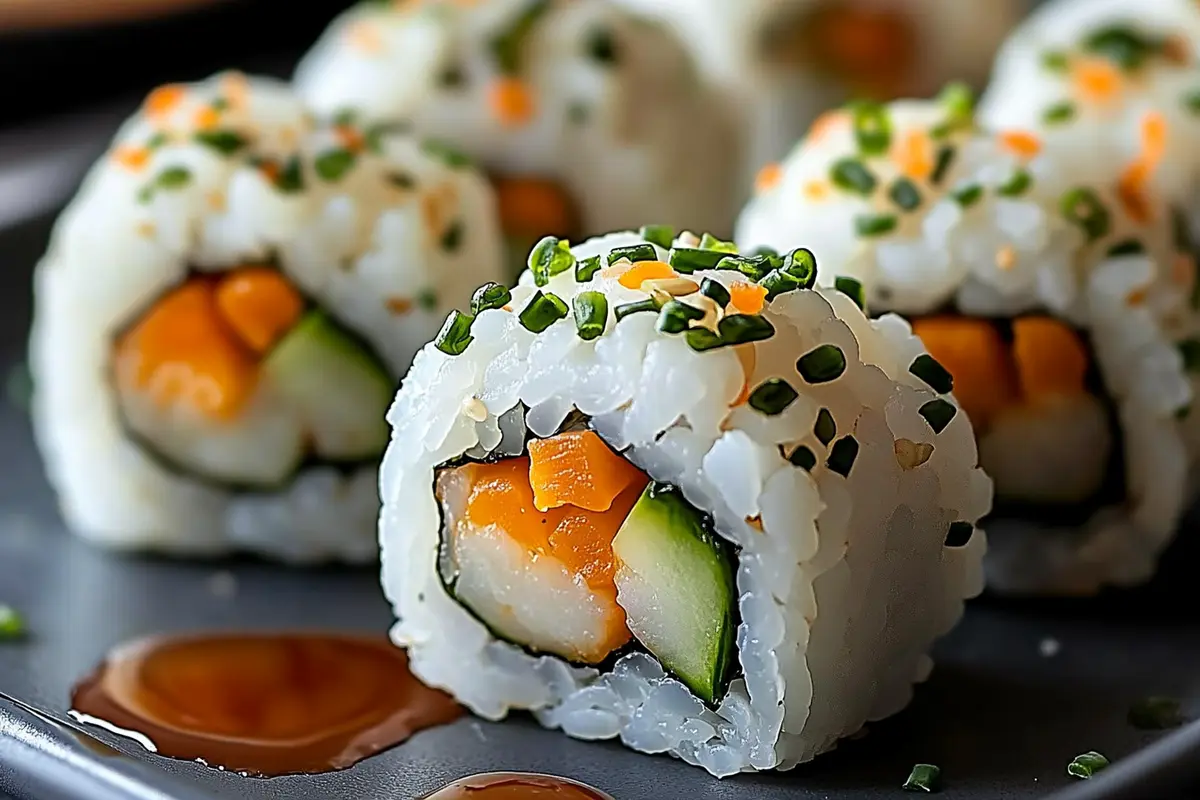 Plate of round Sushi Bliss Balls garnished with sesame seeds and nori flakes