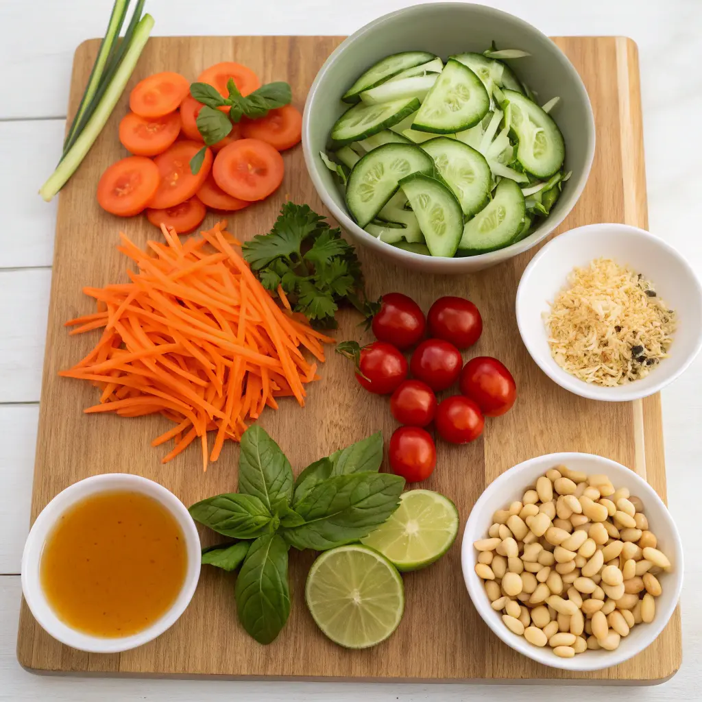 Vibrant Thai Carrot and Cucumber Ribbon Salad with herbs and dressing