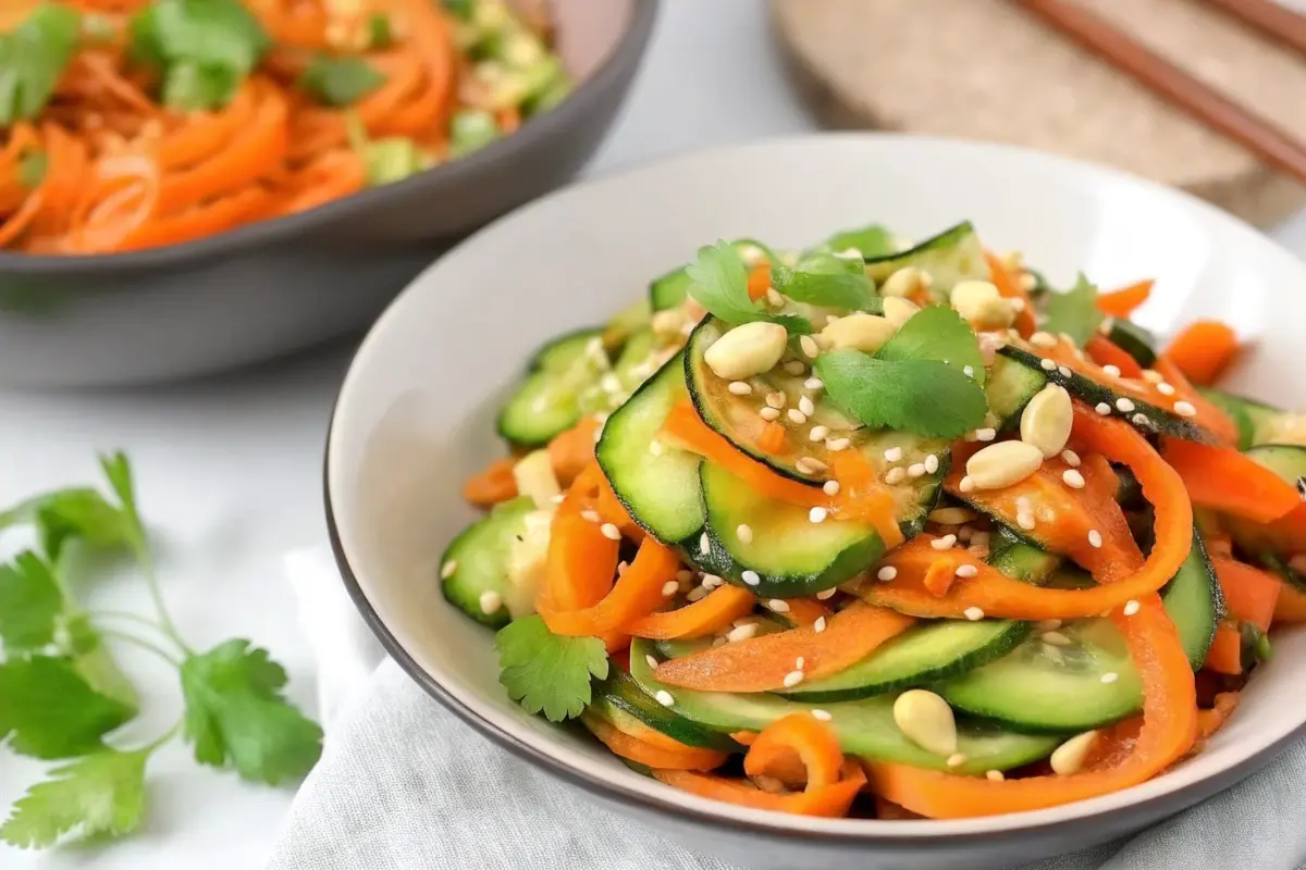 Vibrant Thai Carrot and Cucumber Ribbon Salad with herbs and dressing