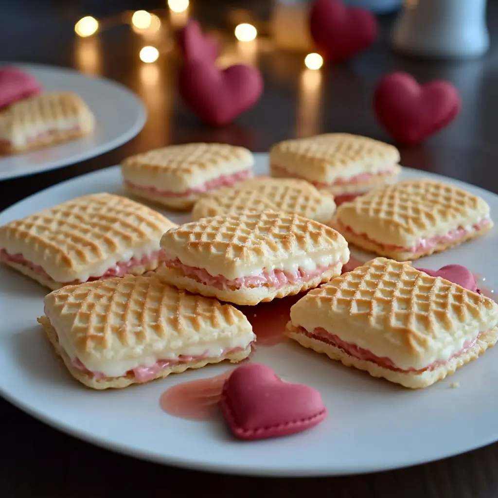 Heart-shaped cream wafer cookies on a Valentine’s platter