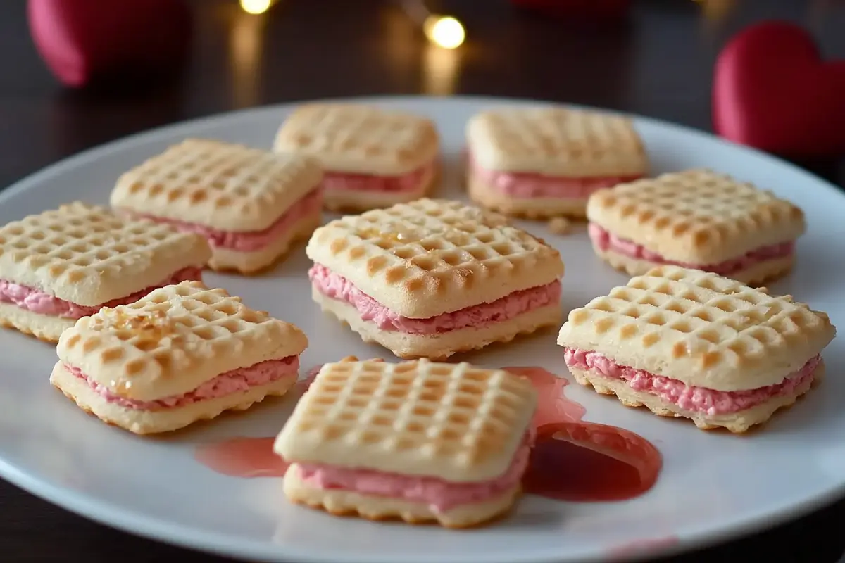 Heart-shaped cream wafer cookies on a Valentine’s platter