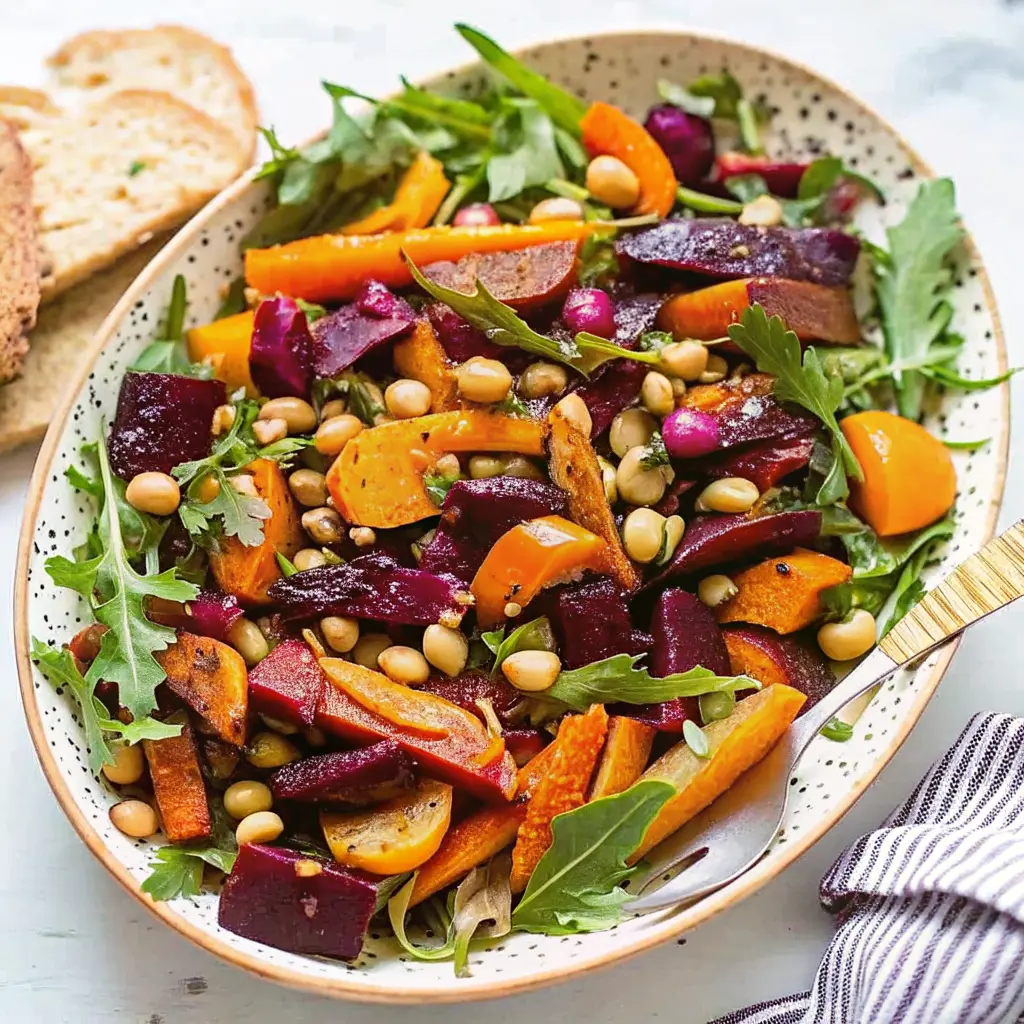 Colorful winter salad Recipe with roasted squash, kale, apples, and pomegranate