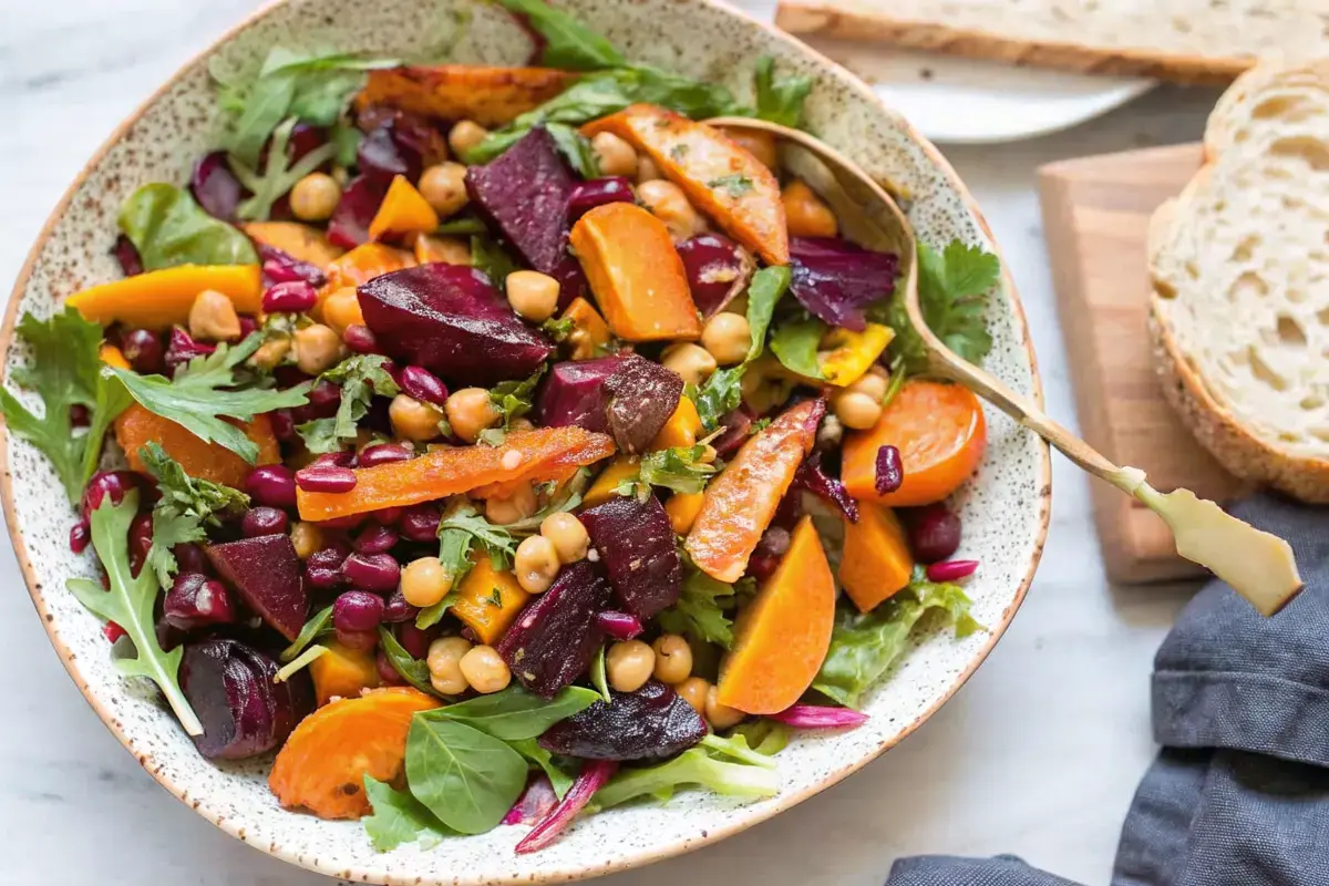 Colorful winter salad with roasted squash, kale, apples, and pomegranate