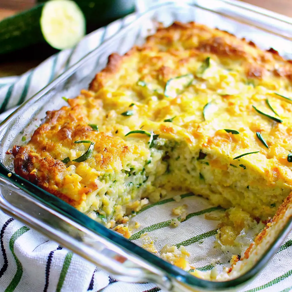 Cheesy zucchini cornbread casserole baked in a dish, golden and bubbly on top
