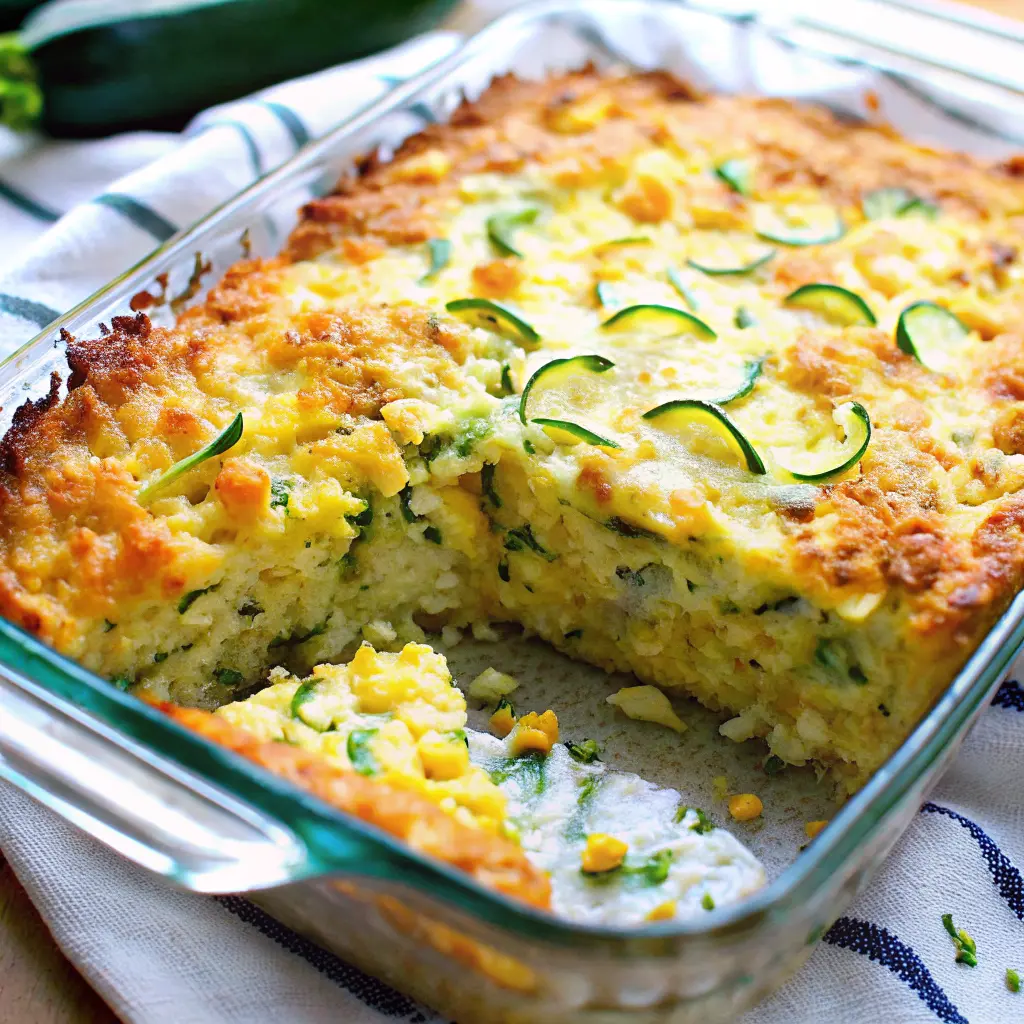 Cheesy zucchini cornbread casserole baked in a dish, golden and bubbly on top