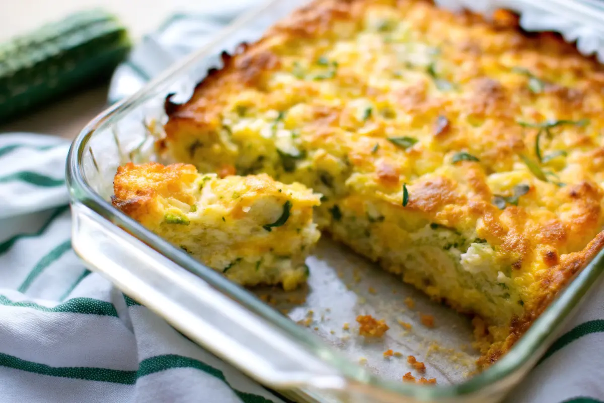 Cheesy zucchini cornbread casserole baked in a dish, golden and bubbly on top