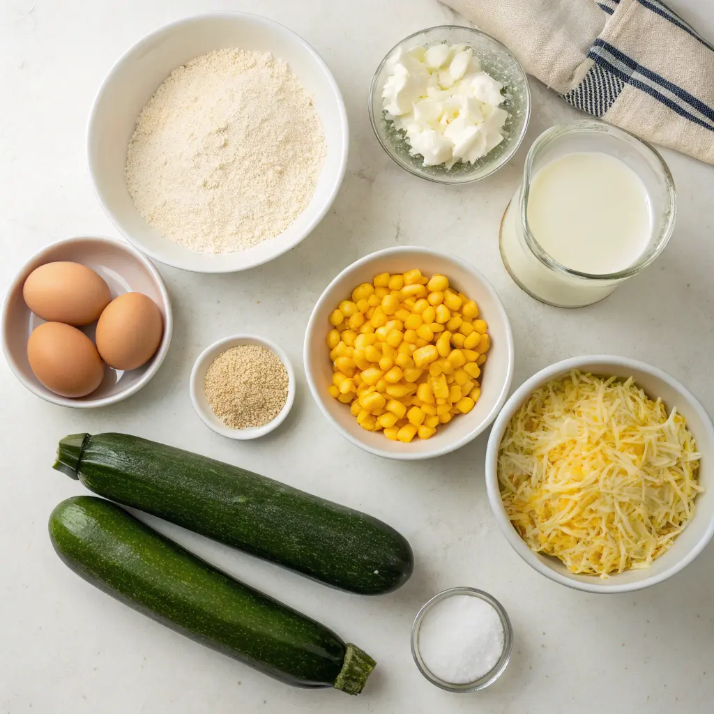 Cheesy zucchini cornbread casserole baked in a dish, golden and bubbly on top