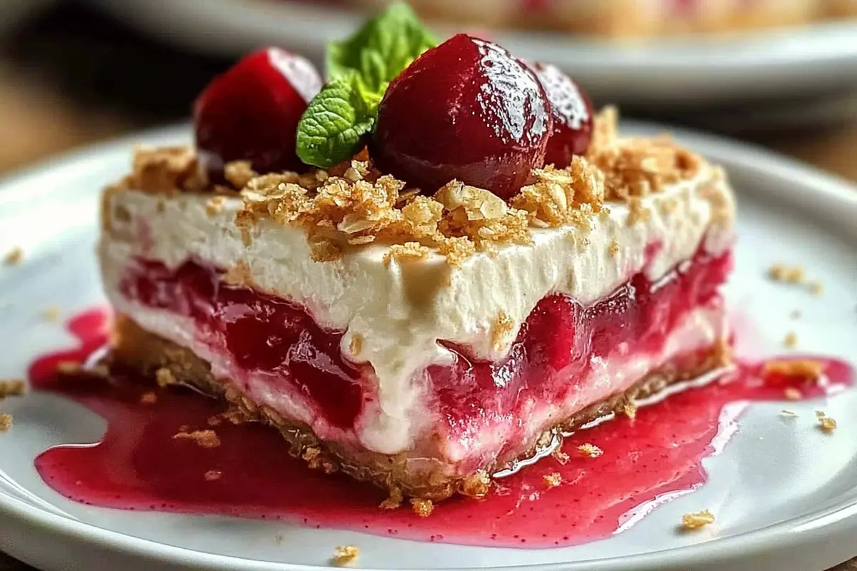 Slice of Layered Rhubarb Cream Dessert showing pink rhubarb filling and creamy vanilla layer