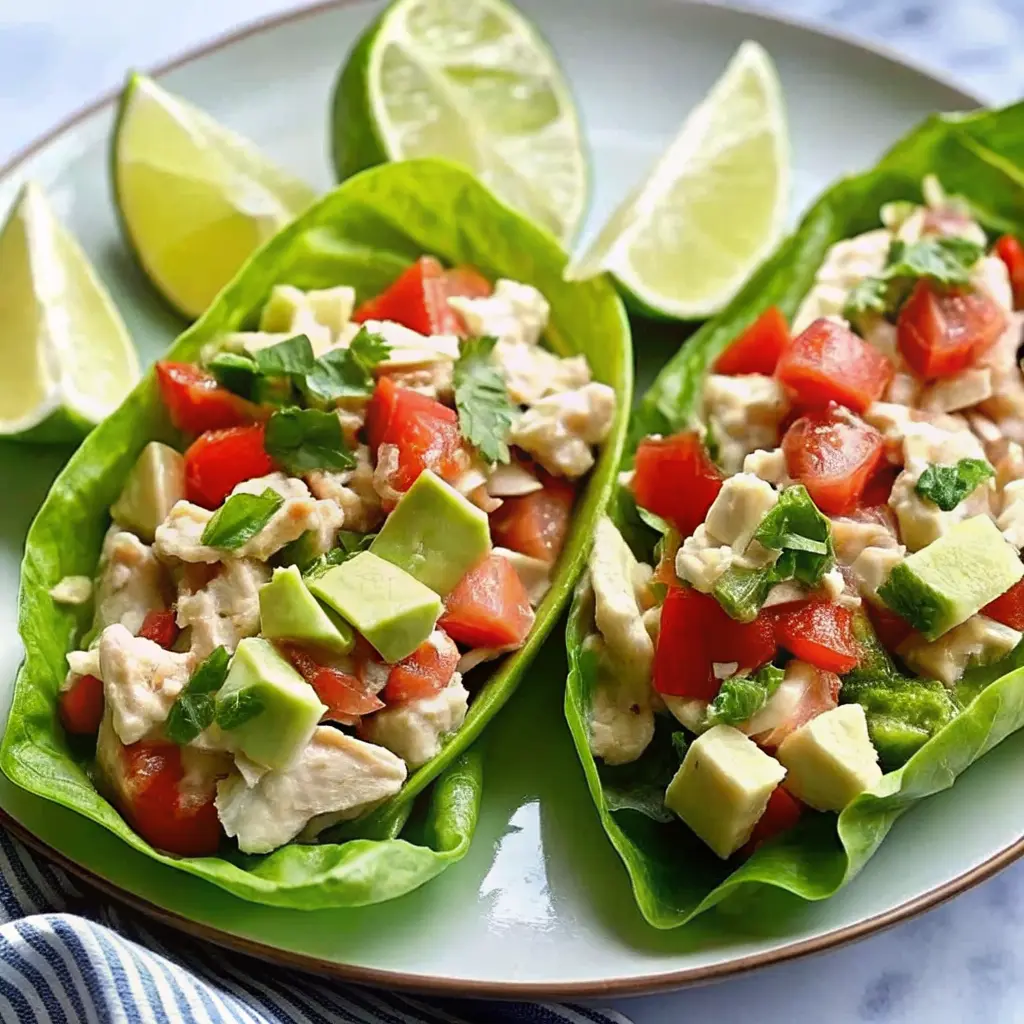 BLT Chicken Salad Lettuce Wraps served in crisp butter lettuce