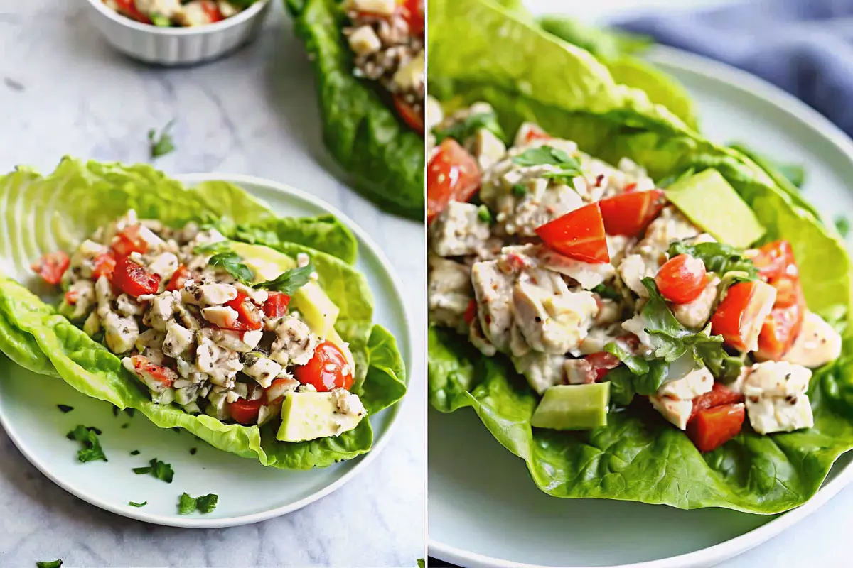 BLT Chicken Salad Lettuce Wraps served in crisp butter lettuce