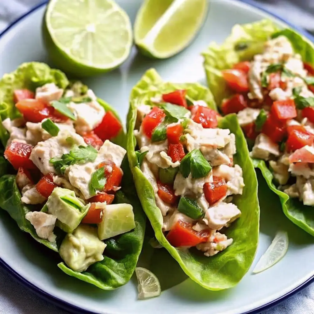 BLT Chicken Salad Lettuce Wraps served in crisp butter lettuce
