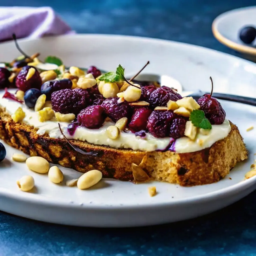 Baked Grapes and Whipped Feta Bruschetta on toasted bread with herbs and honey drizzle