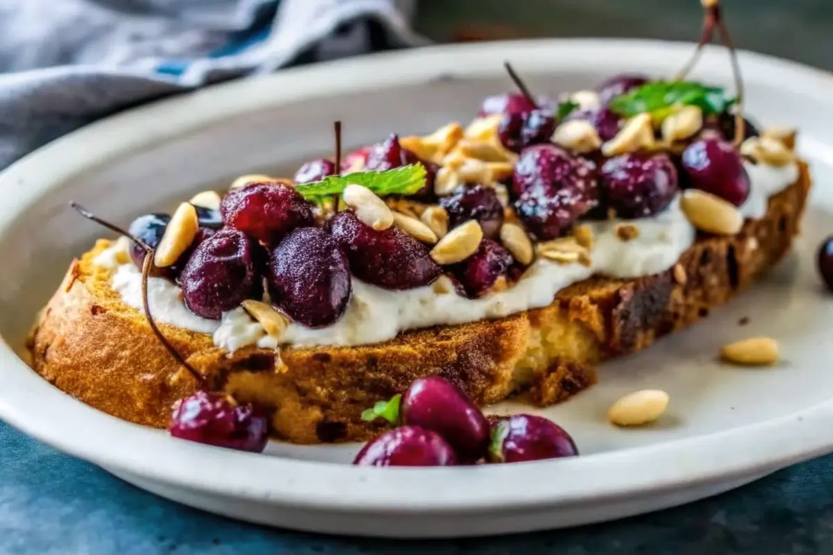 Baked Grapes and Whipped Feta Bruschetta on toasted bread with herbs and honey drizzle