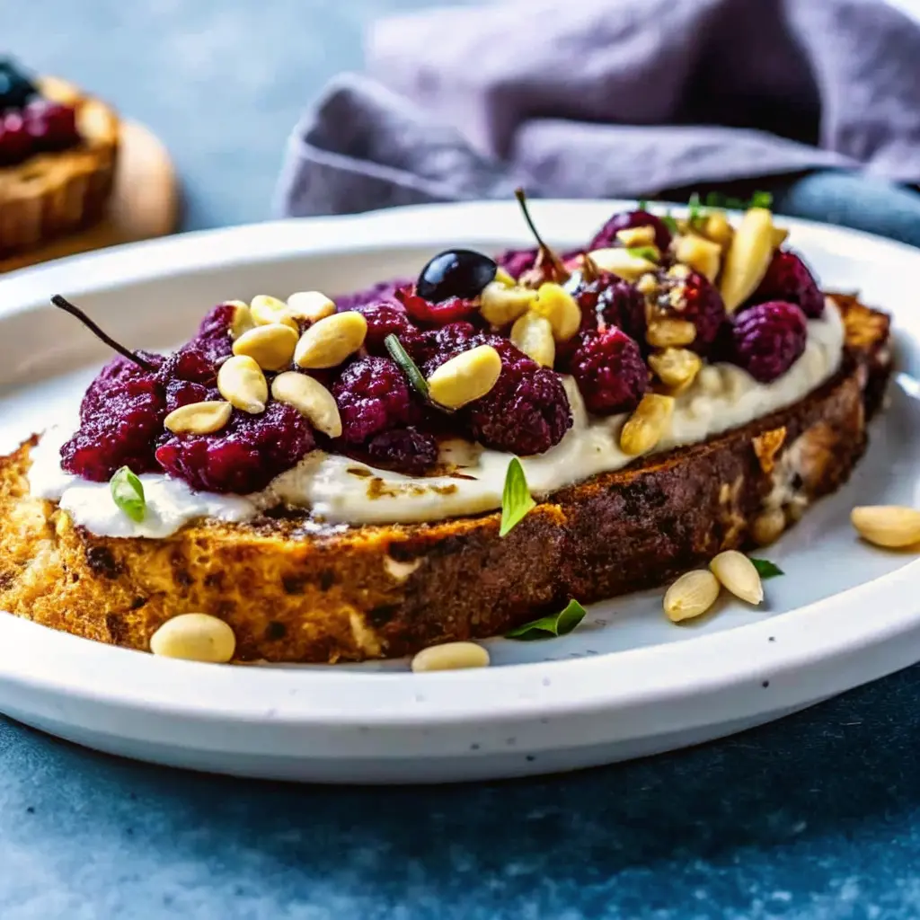 Baked Grapes and Whipped Feta Bruschetta on toasted bread with herbs and honey drizzle