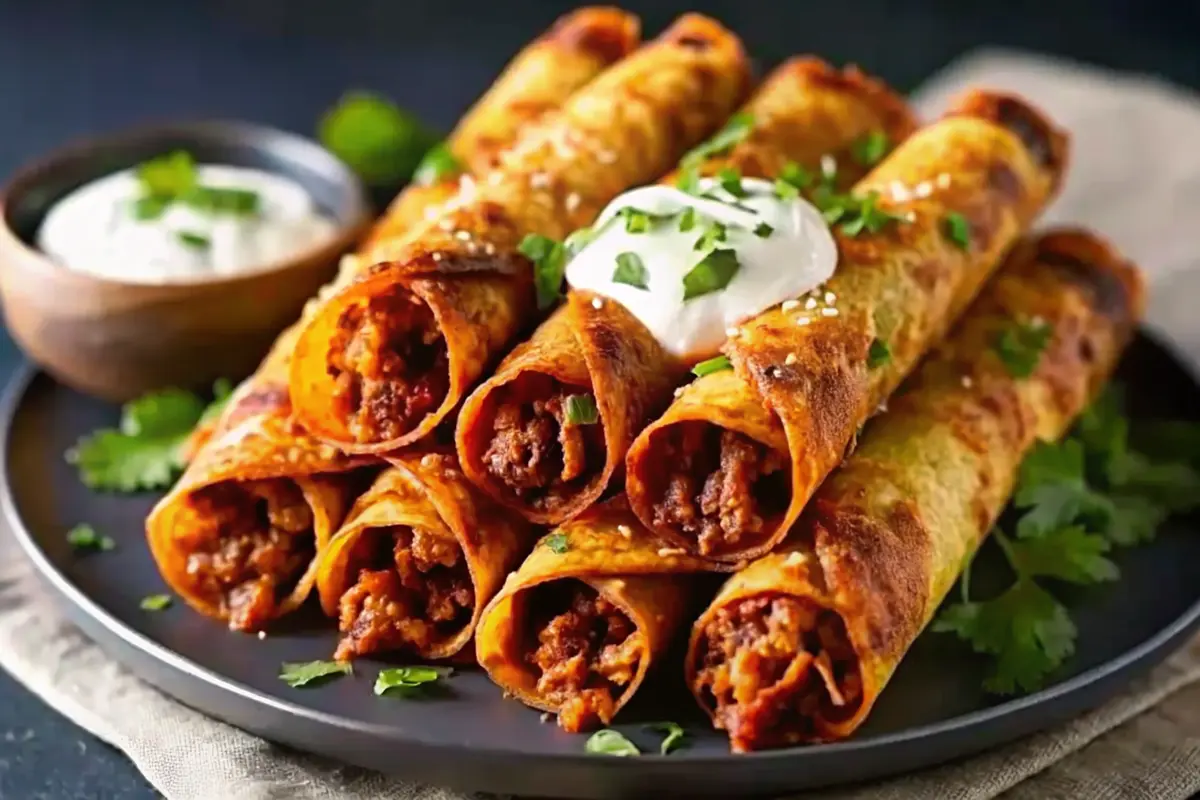Golden crispy beef taquitos stacked with salsa and guacamole