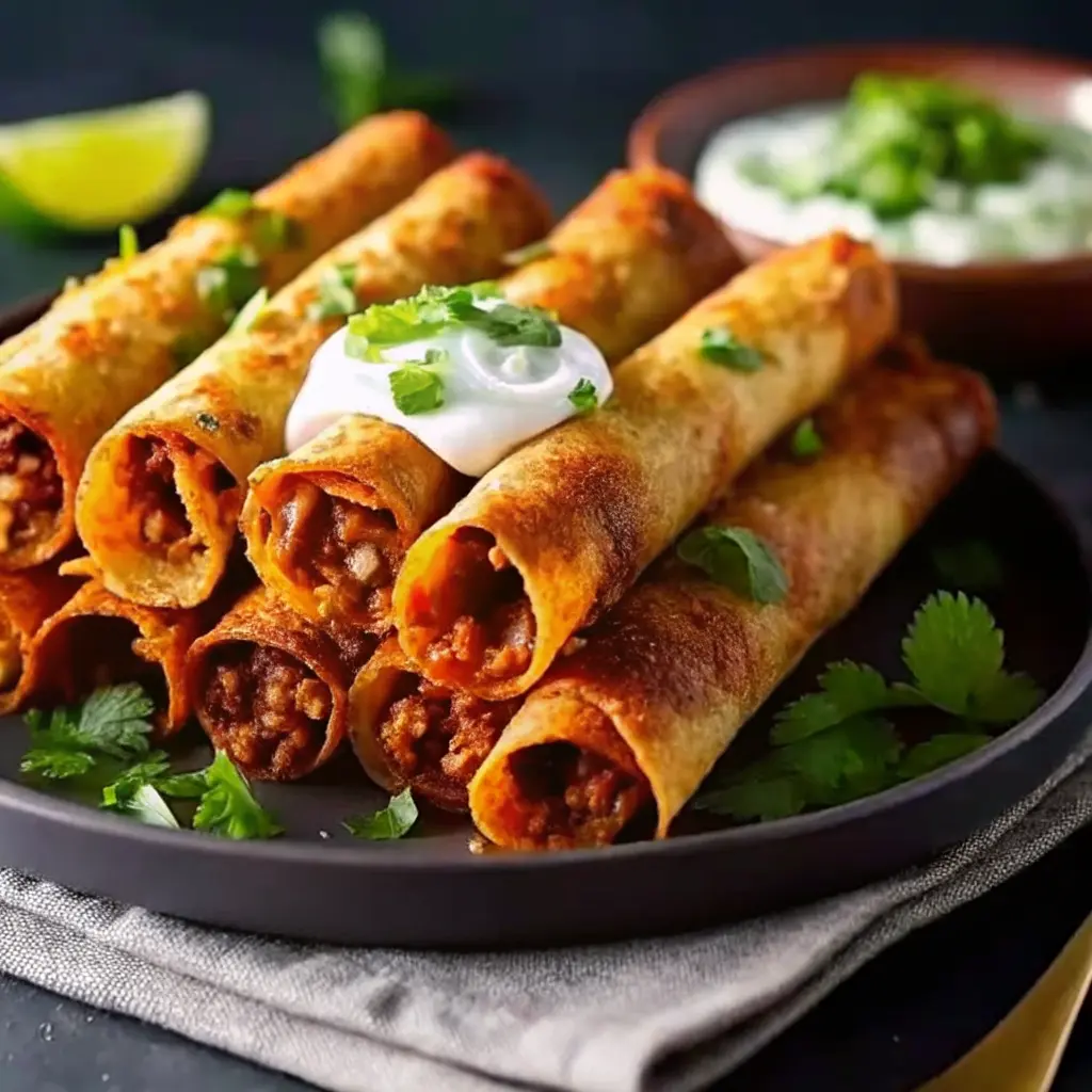 Golden crispy beef taquitos stacked with salsa and guacamole