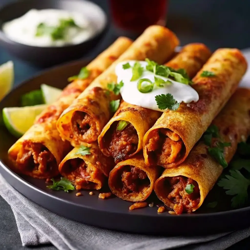 Golden crispy beef taquitos stacked with salsa and guacamole