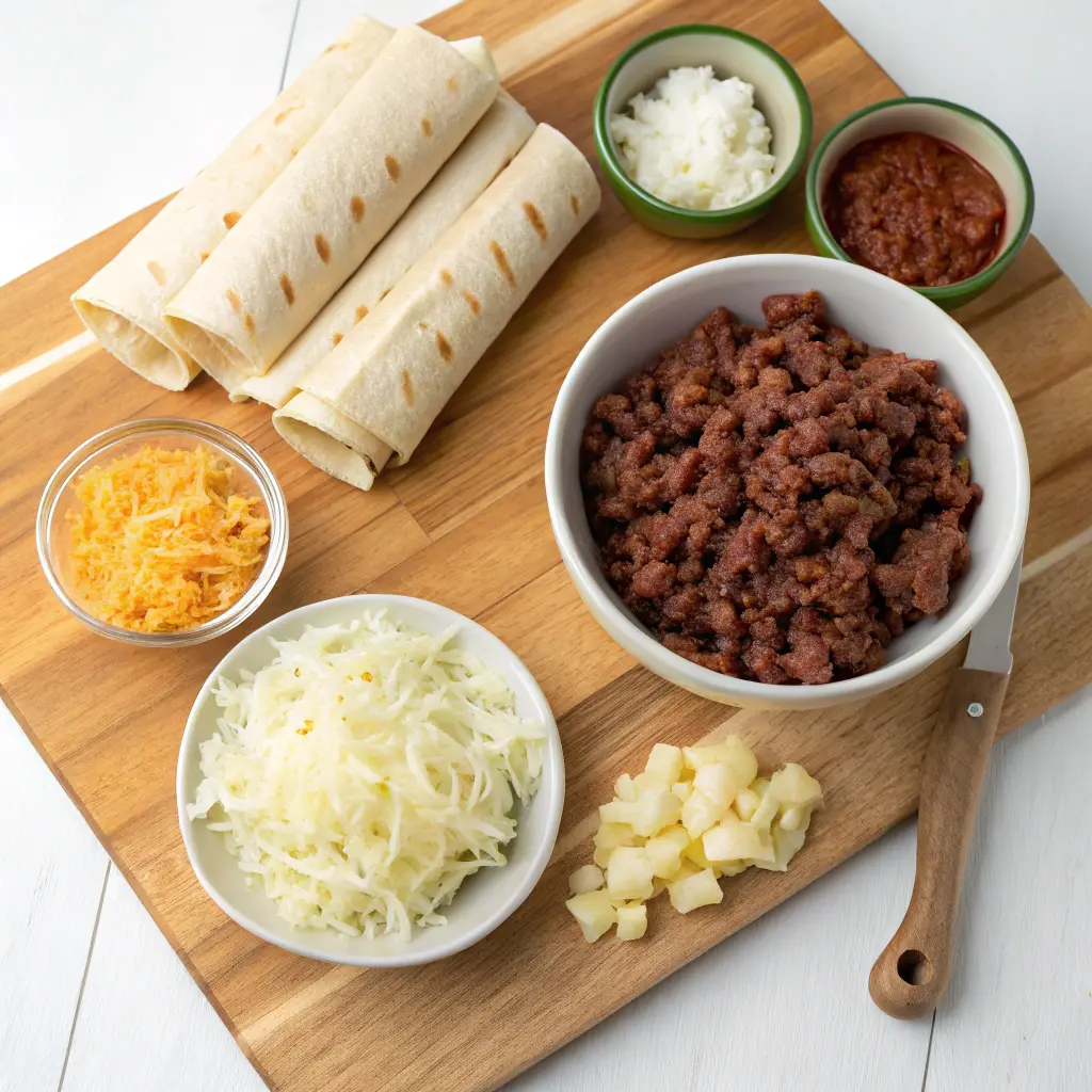 Golden crispy beef taquitos stacked with salsa and guacamole