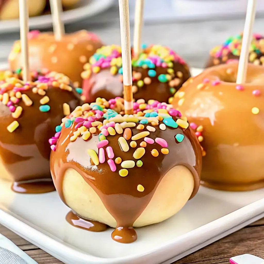 Homemade caramel apples recipe dipped in rich caramel with toppings