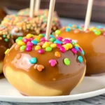Homemade caramel apples recipe dipped in rich caramel with toppings