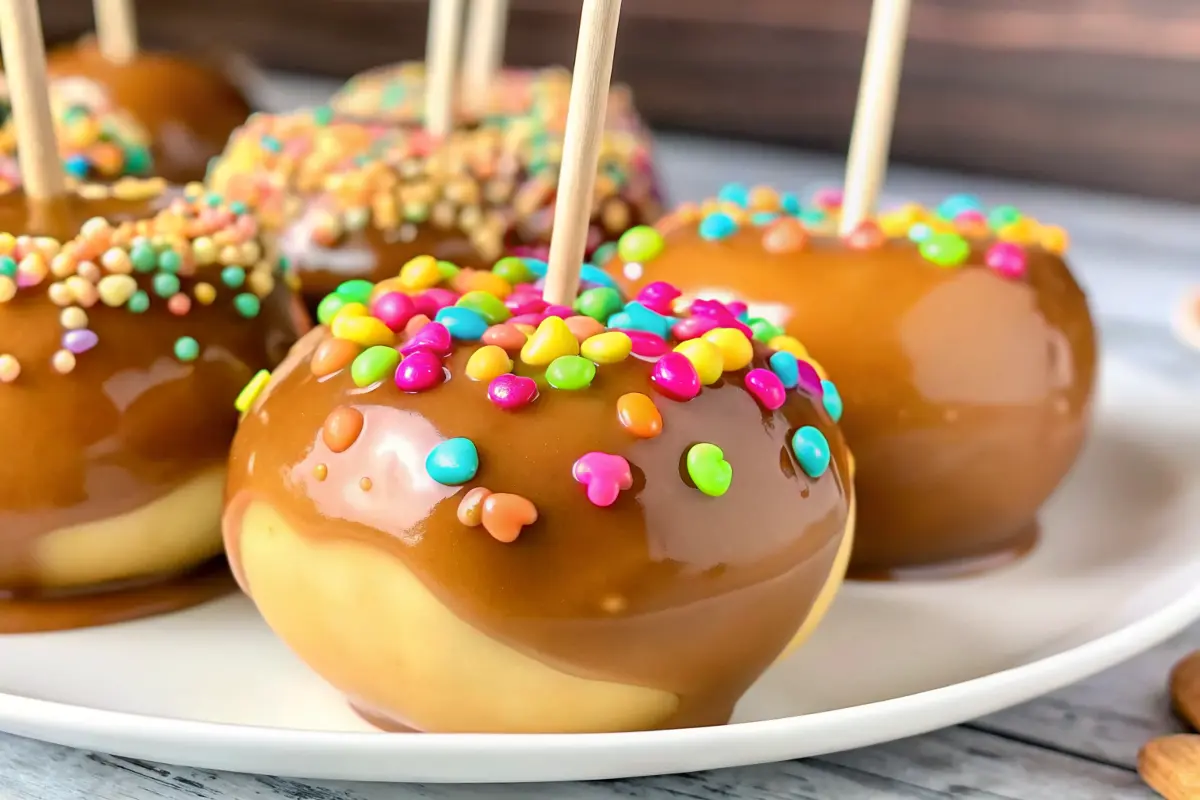 Homemade caramel apples recipe dipped in rich caramel with toppings